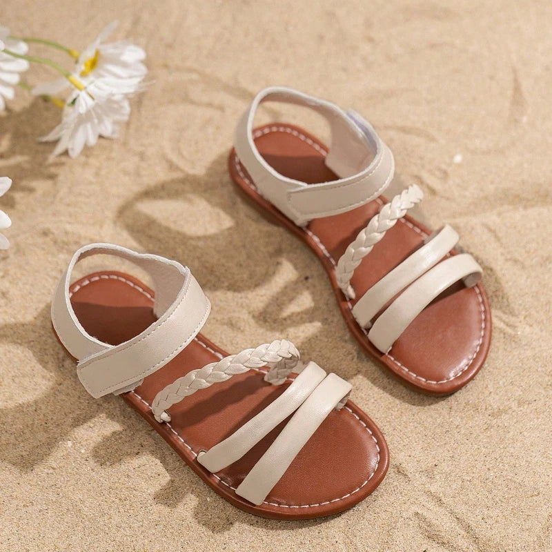 Sandals for Children 2025 Cute Boys Girls Shoes Soft Thick Soles Handwoven Children's Sandals Black Pink Gold White
