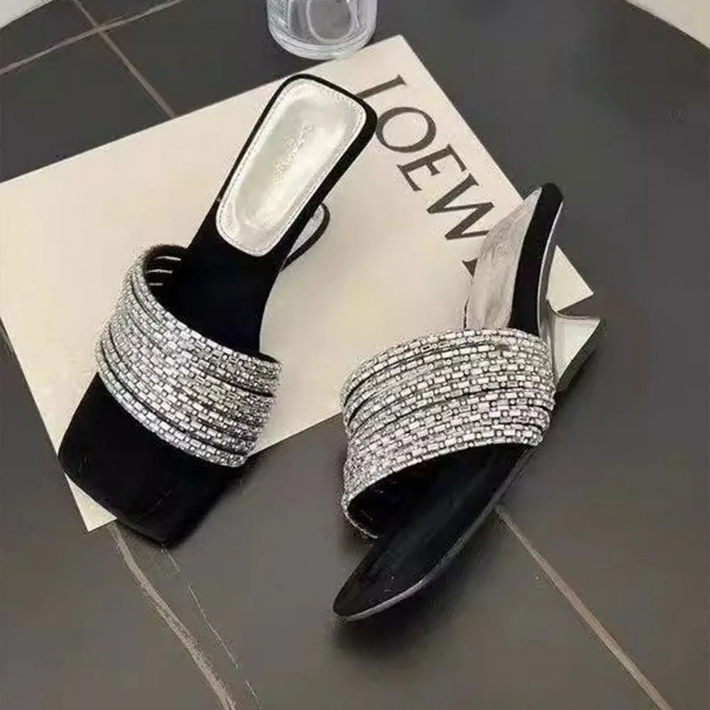 FHC New Strange Heel Women High Heeled Slides,Summer Shoes Slippers,Rhinestone Chains,Open Square Toe,34-40,Gold,Silver,Dropship