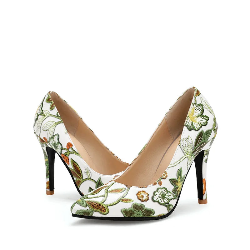 Ladies Retro Pumps Sexy High Heels Stiletto Black Green Blue Flowers Slip-Ons Plus Size 45-2 Wide Foot Shoes For Party Nigh Club