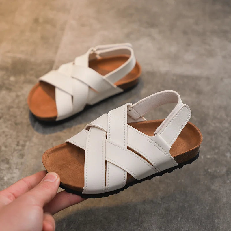 Children's Summer PU Open Toe Sandals For Boy Girl Roman Cork Sandals Outdoor Non Slip Soft Leather Beach Shoes For Kids Fashion