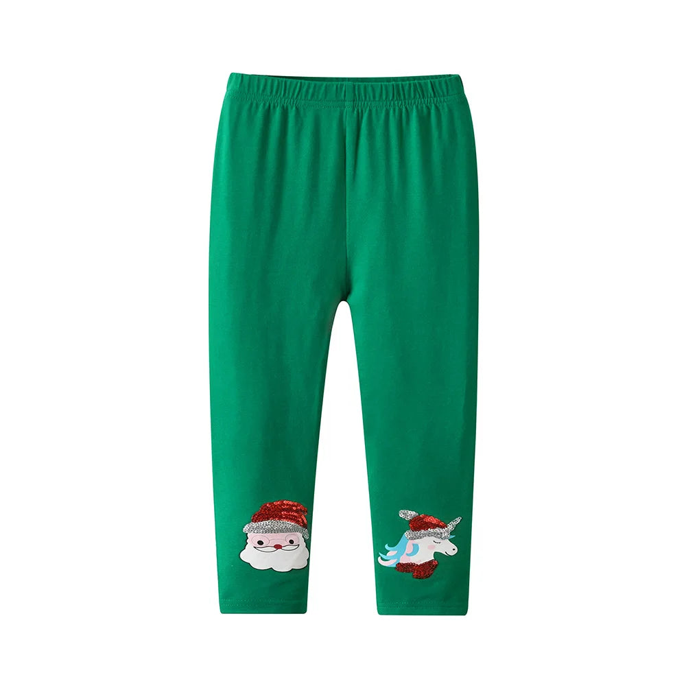 DXTON Toddler Cotton Leggings Baby Girls Pencil Pants Four Seasons Green Solid Christmas Man Applique Girls Skinny Trousers