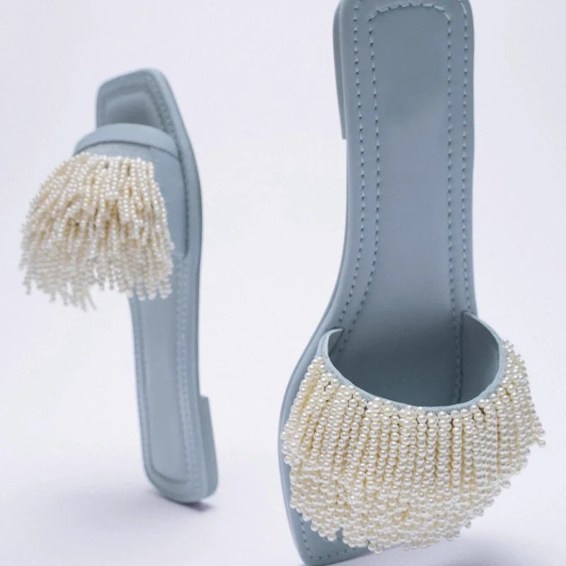 2025 Handmade Pearls Open Toe Flat Heels, Elegant Dress Woman Outdoor Fashion Casual Party Beach Slippers Slideshow