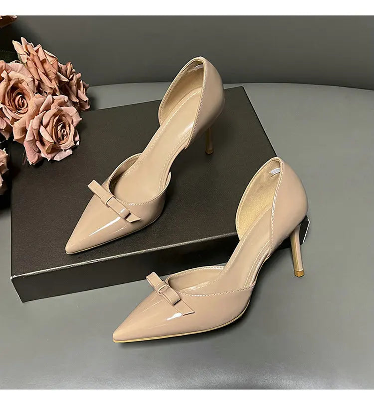 New Autumn Patent Leather Nude High Heels Thin Heel Pointed Bow Korean Version