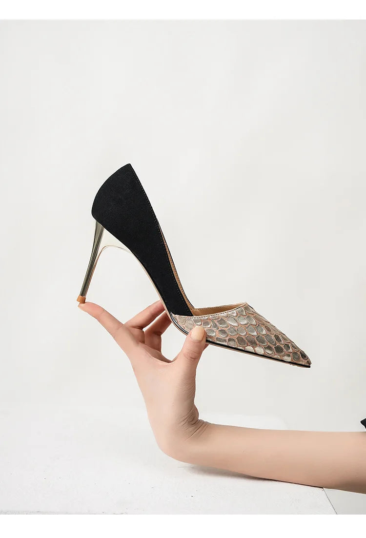 Black Green Leather Splicing High Heels 10cm Women Shoes Thin Heels Suede Pointed Head Ladies Pumps Shallow Stiletto Party Shoes