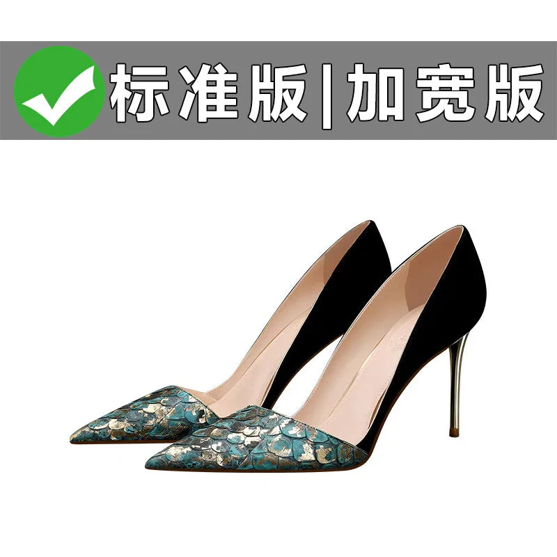 Black Green Leather Splicing High Heels 10cm Women Shoes Thin Heels Suede Pointed Head Ladies Pumps Shallow Stiletto Party Shoes