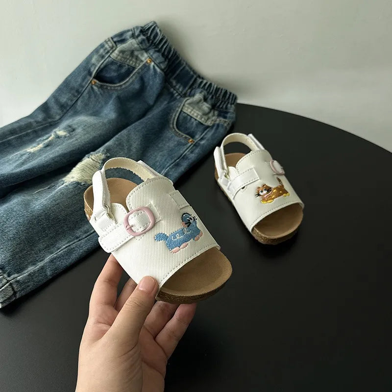 Kids Sandals Girls Beach Shoes Soft Leather Cork Sandals Light Open Toe Outdoor Children's Toddler Sandasl for Baby Shoes Summer