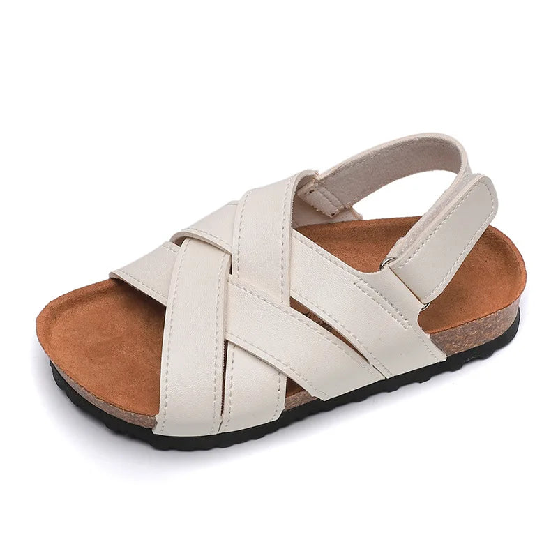 Children's Summer PU Open Toe Sandals For Boy Girl Roman Cork Sandals Outdoor Non Slip Soft Leather Beach Shoes For Kids Fashion
