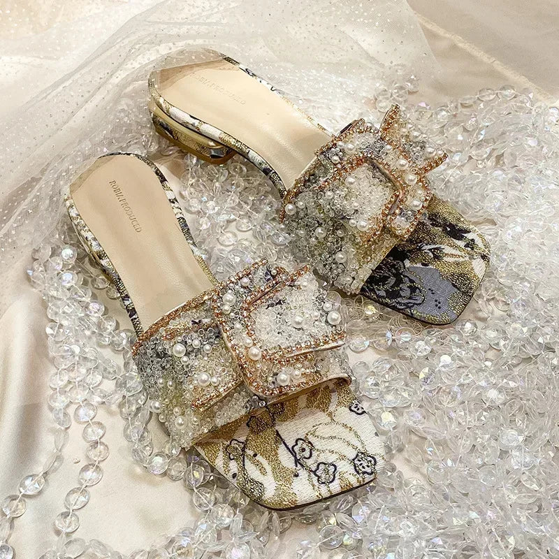Chunky Heel Fashion Flat Ladies Rhinestone Slippers Women's Shoes Comfort Summer Peep Toe Woman Shoes Zapatos Mujer