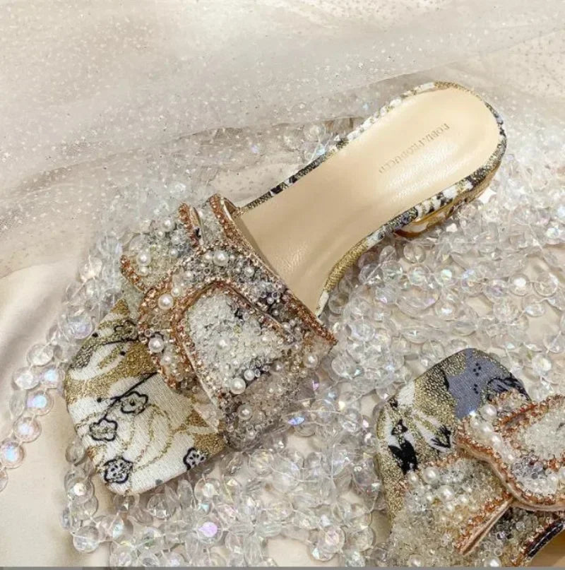 Chunky Heel Fashion Flat Ladies Rhinestone Slippers Women's Shoes Comfort Summer Peep Toe Woman Shoes Zapatos Mujer