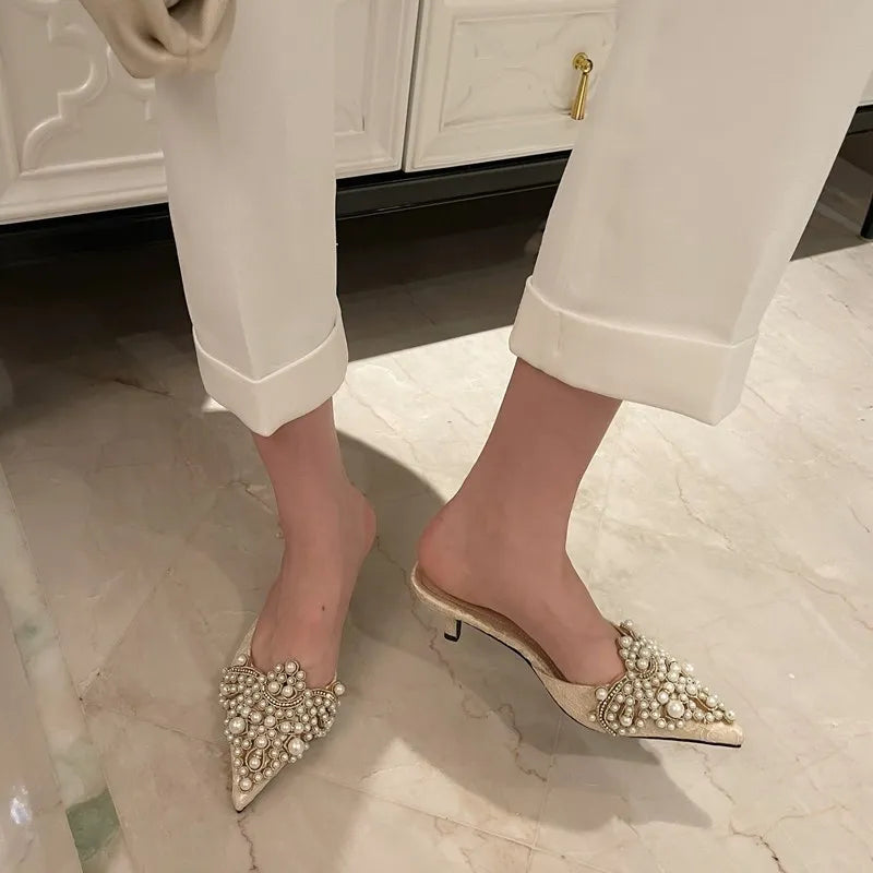 New Slippers Fashion Pointy Head Pearl Half Slippers Fine Heeled Sandals Women's Shoes 42 Yards Middle Heeled Mules Shoes