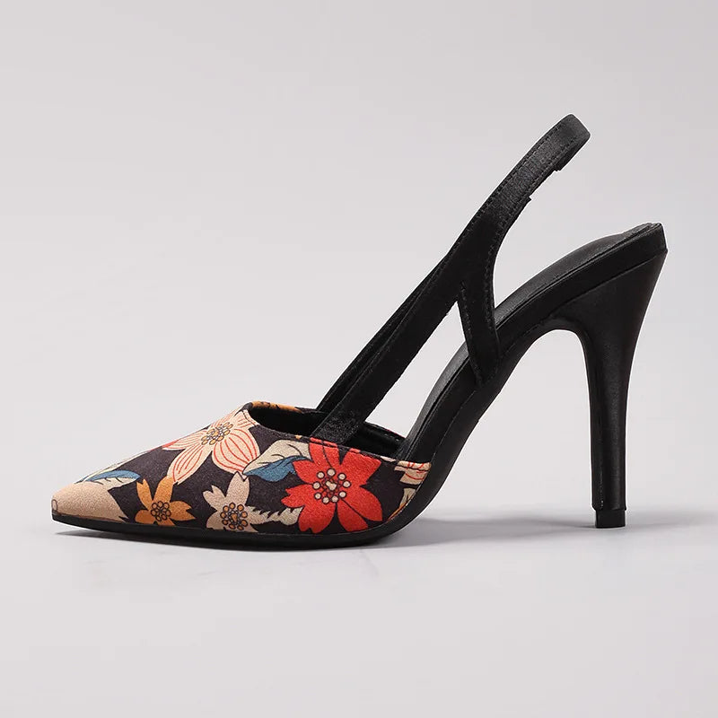 Women's Floral Print Ankle Strap Pointed Toe Stiletto Heel Pumps for Party Date Q-040