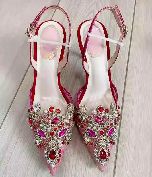 Multi-color Diamond Rhinestone Pearl Wedding Lace Sandals Women Pointed Toe Ankle Strap High Heels Woman Shoes