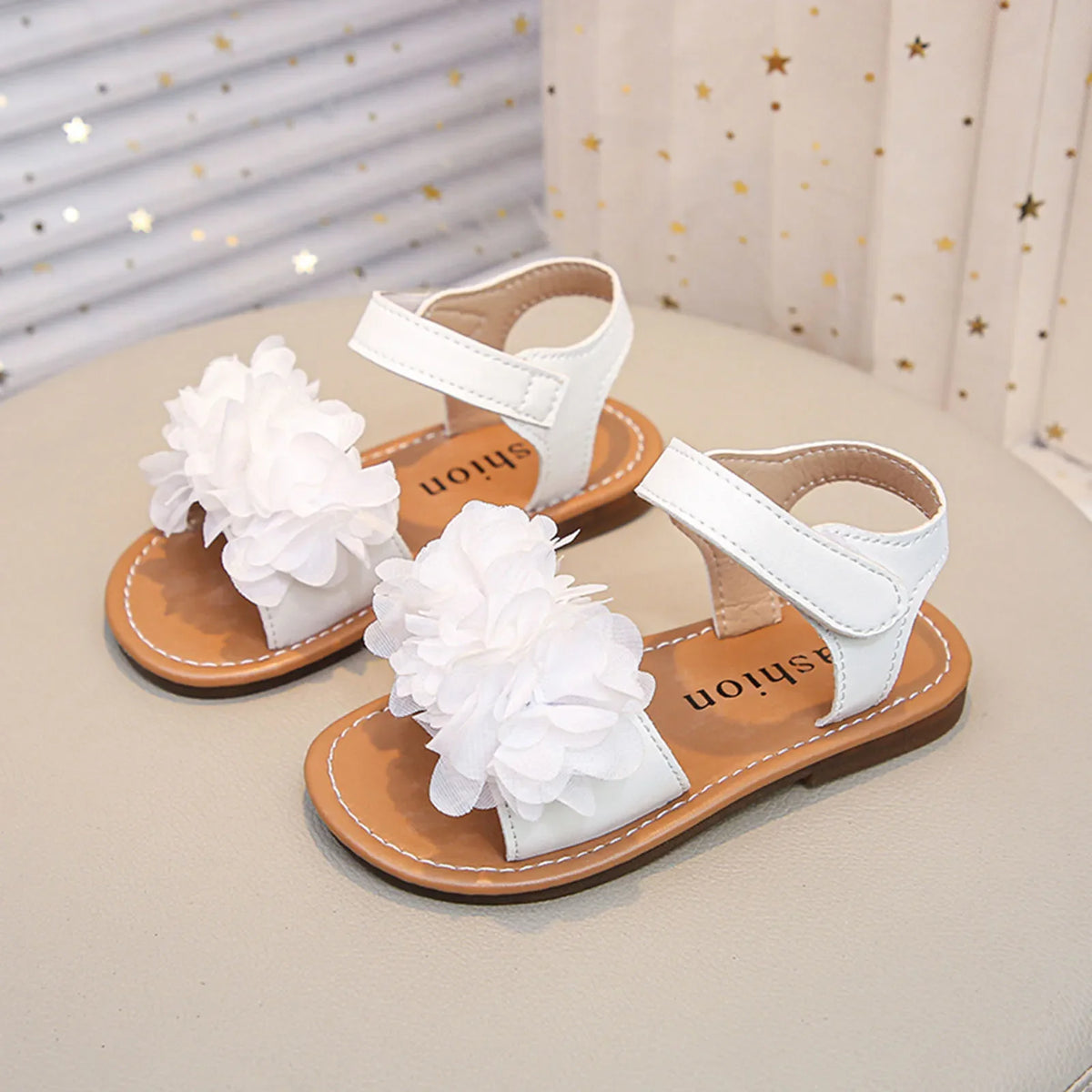 Cute Baby Flower Decoration Open Toed Summer Sandals Princess PU Leather Casual Rubber Sole Non-Slip Sandals Walking Shoes