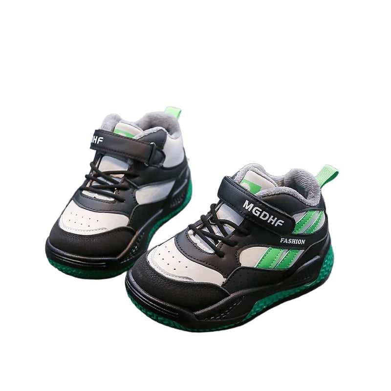 Boys' fleece sports shoes 2025 Winter new style warm children's anti-slip basketball shoes Girls' soft-soled two-cotton shoes