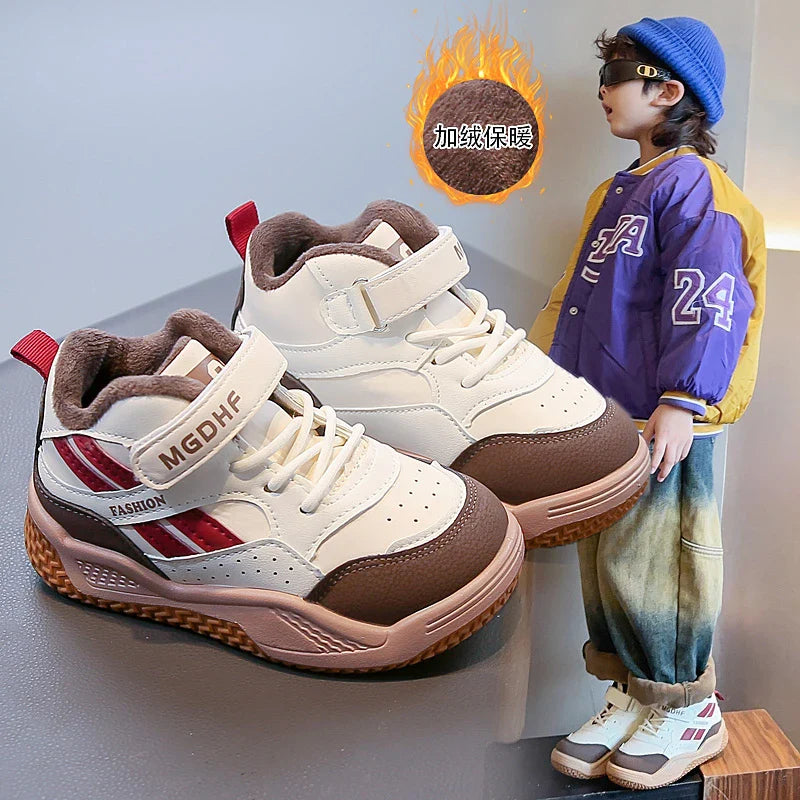 Boys' fleece sports shoes 2025 Winter new style warm children's anti-slip basketball shoes Girls' soft-soled two-cotton shoes