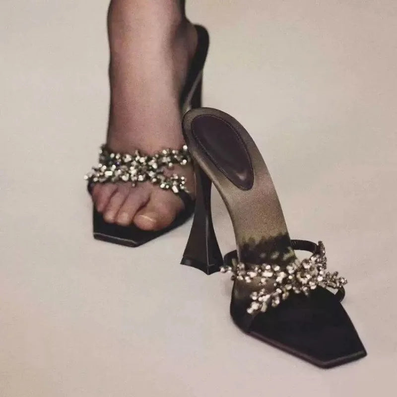 2025 Summer Women's High Heel Sandals Cross Rhinestone Square Head Open Toe Sandals Silk Sexy Stiletto High Heels Mules