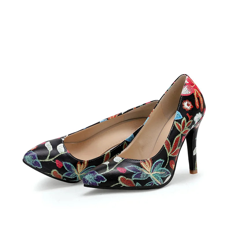 Ladies Retro Pumps Sexy High Heels Stiletto Black Green Blue Flowers Slip-Ons Plus Size 45-2 Wide Foot Shoes For Party Nigh Club