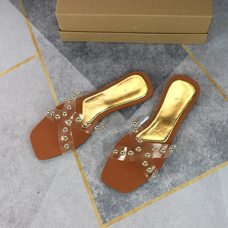 2025 New Arrival Women's Slip-On Flat Sandals Outdoor Cross Design Transparent PVC Non-Slip Beach Shoes Plus Size Slippers