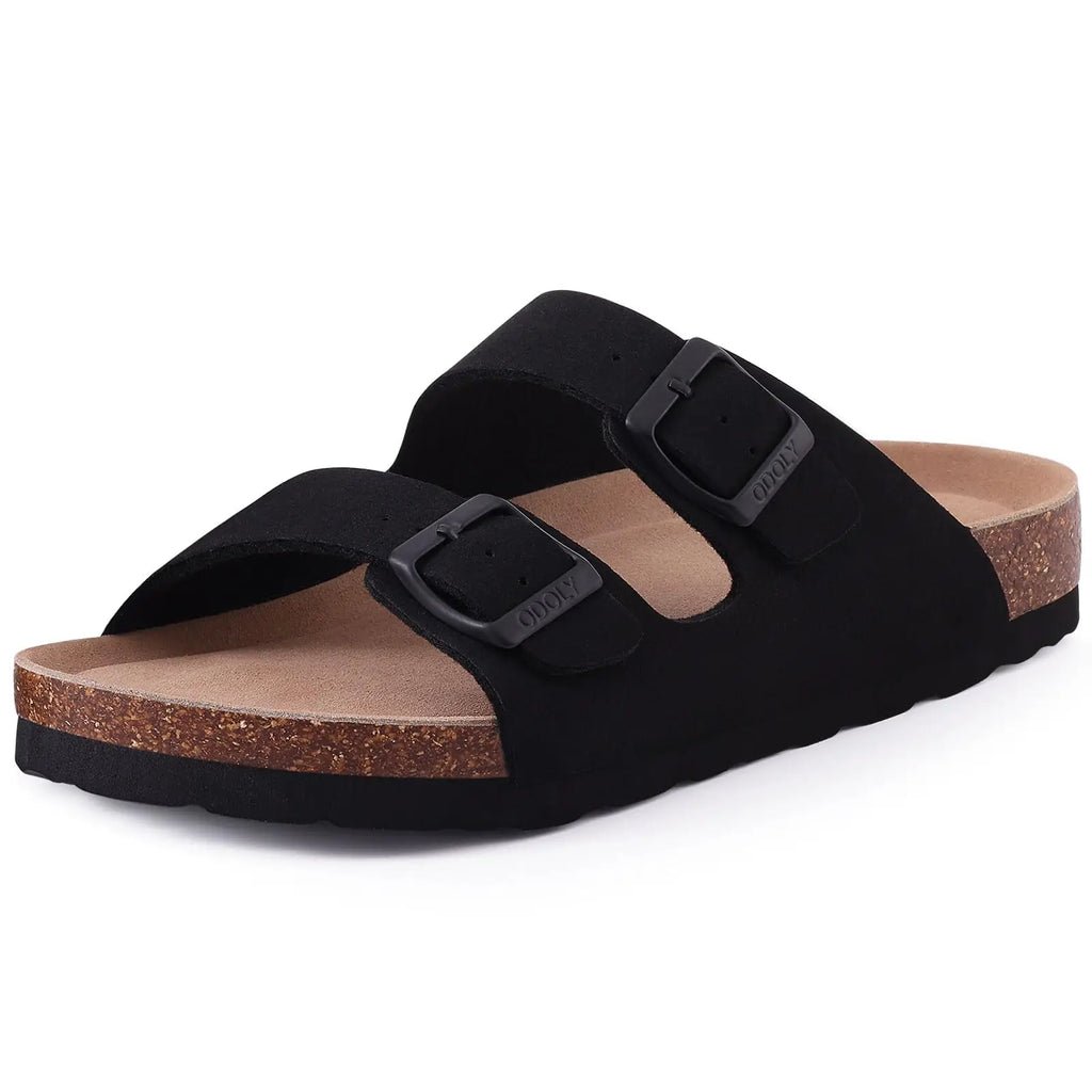 Shevalues Men Classic Leather Sandals Fashion Double Outdoor Beach Shoes Comfort Unisex Cork Footbed Slippers With Arch Support