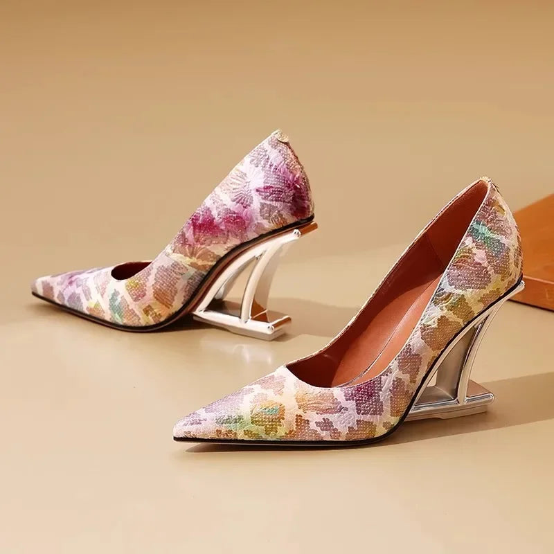 Pumps Women Shoes Flower Totem Slip-On Shallow Shoes Wedding Party Pointed Toe High Heels Pump Femme Special-shaped heel