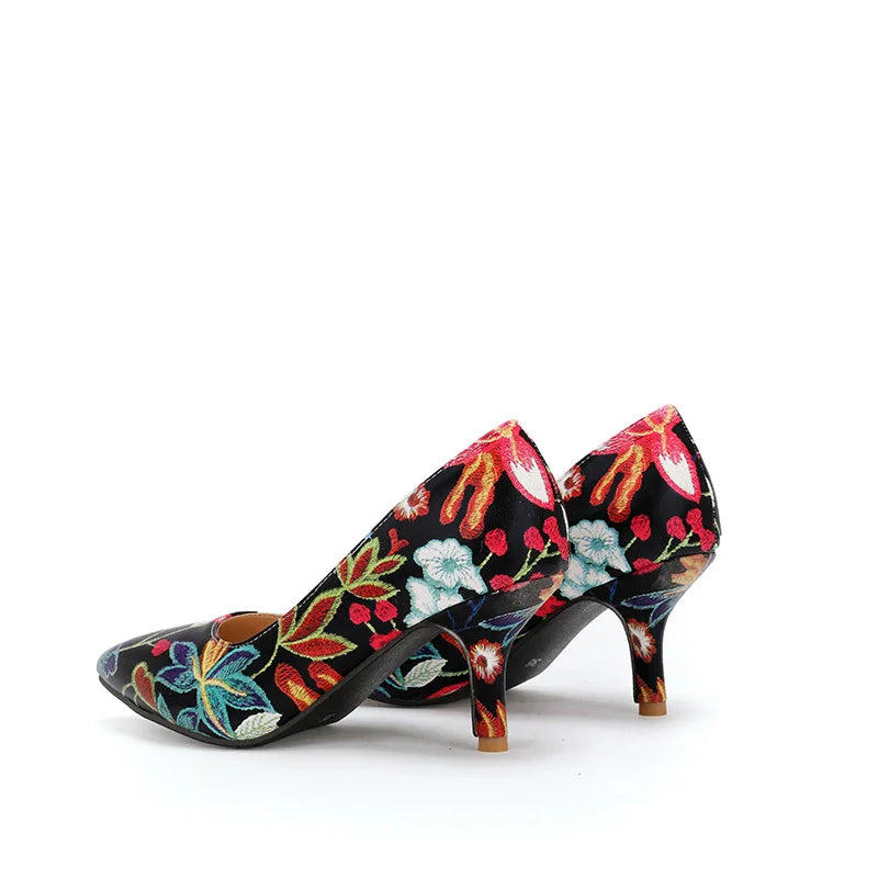 Ladies Retro Pumps Sexy High Heels Stiletto Black Green Blue Flowers Slip-Ons Plus Size 45-2 Wide Foot Shoes For Party Nigh Club