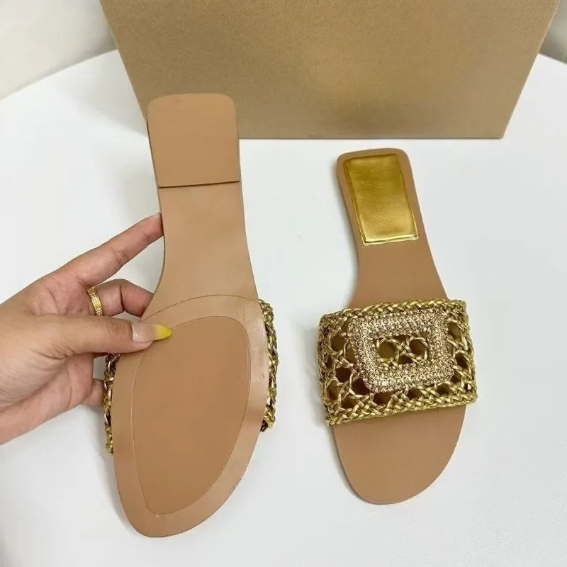 Summer High Quality Gold Woven Flat Sandals for Women Causal Daily Beach Footwear Outdoor Brand Travel Ladies Walking Shoes