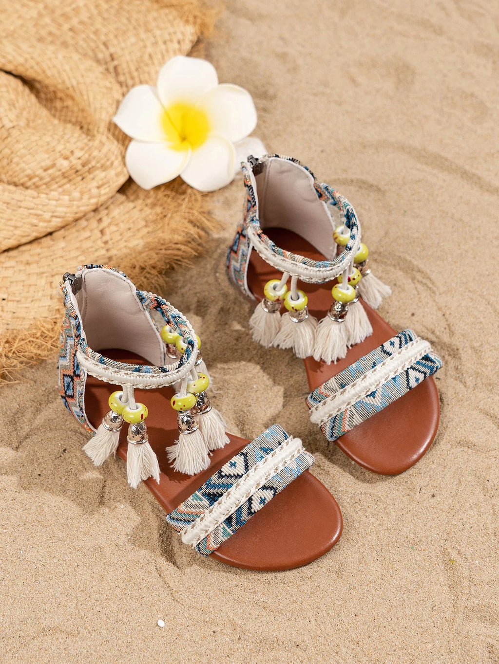 Toddler Beach Sandals - Bohemian Tassel Beaded Girls Summer Shoes Soft Sole for Vacation & Play