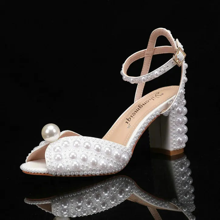 2025 New High Heels Thick Heel Shallow Mouth Women's Pearl Sandals Wedding Shoes Bridesmaid Shoes