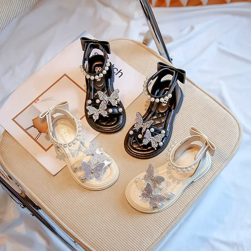 Kids Roman Sandals 2024 New Girls'  Princess Shoes with Butterfly Girl Fashion Sweet Pearl Beach Shoes with Back Knot Anti Slip