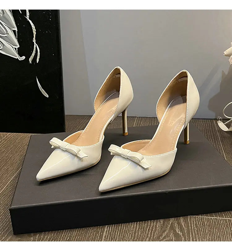 New Autumn Patent Leather Nude High Heels Thin Heel Pointed Bow Korean Version