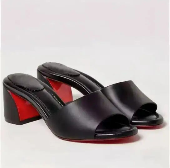 Soft Leather Jane Mules Open Toe Slippers For Women Shoes Sandals Block High-Heel Women's Shoes Wedding Peep Toe Zapatos Mujer