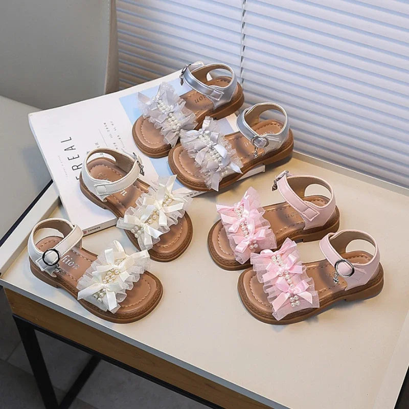 Summer Cute Lace Children's Sandals Soft Open-toe Wedding Sandals for Pretty Girls Non-slip Elegant Bowknot Kids Princess Shoes