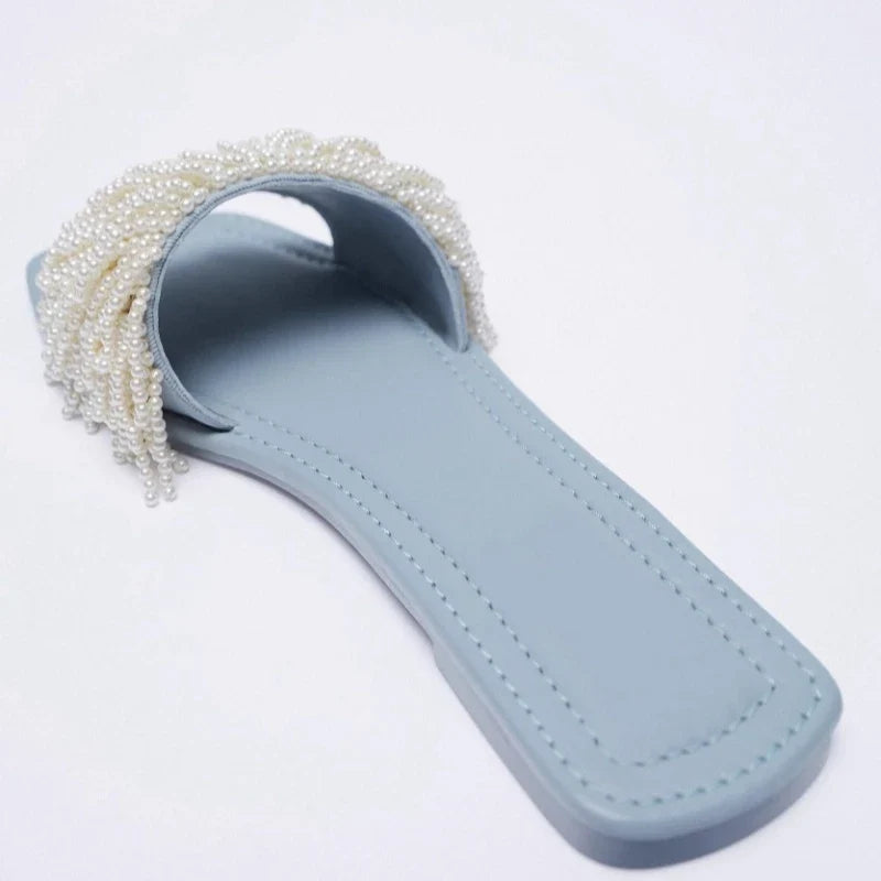 2025 Handmade Pearls Open Toe Flat Heels, Elegant Dress Woman Outdoor Fashion Casual Party Beach Slippers Slideshow