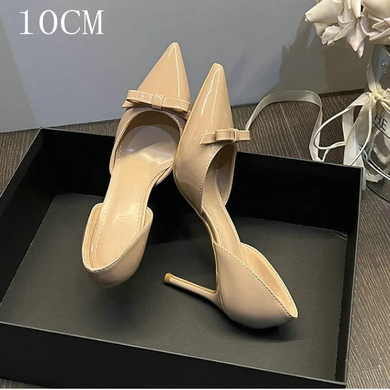 New Autumn Patent Leather Nude High Heels Thin Heel Pointed Bow Korean Version