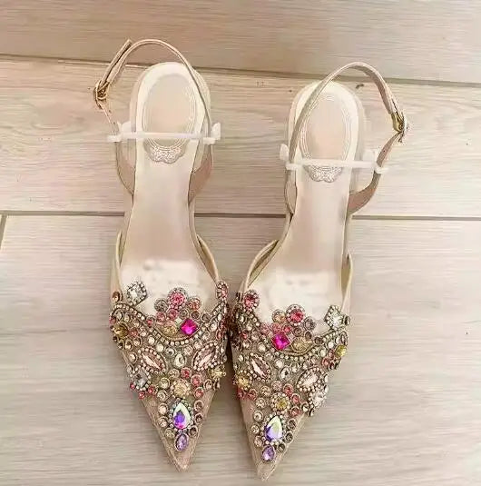 Multi-color Diamond Rhinestone Pearl Wedding Lace Sandals Women Pointed Toe Ankle Strap High Heels Woman Shoes