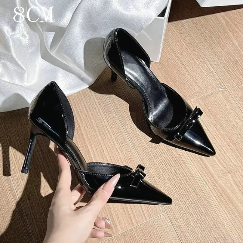 New Autumn Patent Leather Nude High Heels Thin Heel Pointed Bow Korean Version