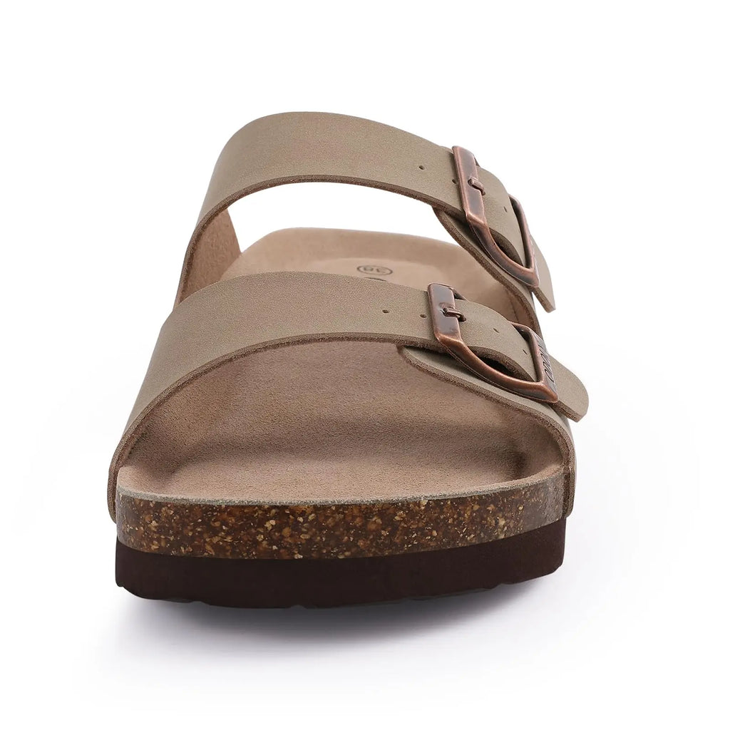 Shevalues Men Classic Leather Sandals Fashion Double Outdoor Beach Shoes Comfort Unisex Cork Footbed Slippers With Arch Support