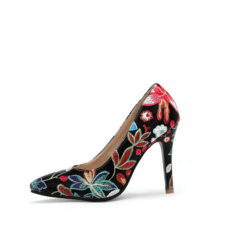 Ladies Retro Pumps Sexy High Heels Stiletto Black Green Blue Flowers Slip-Ons Plus Size 45-2 Wide Foot Shoes For Party Nigh Club