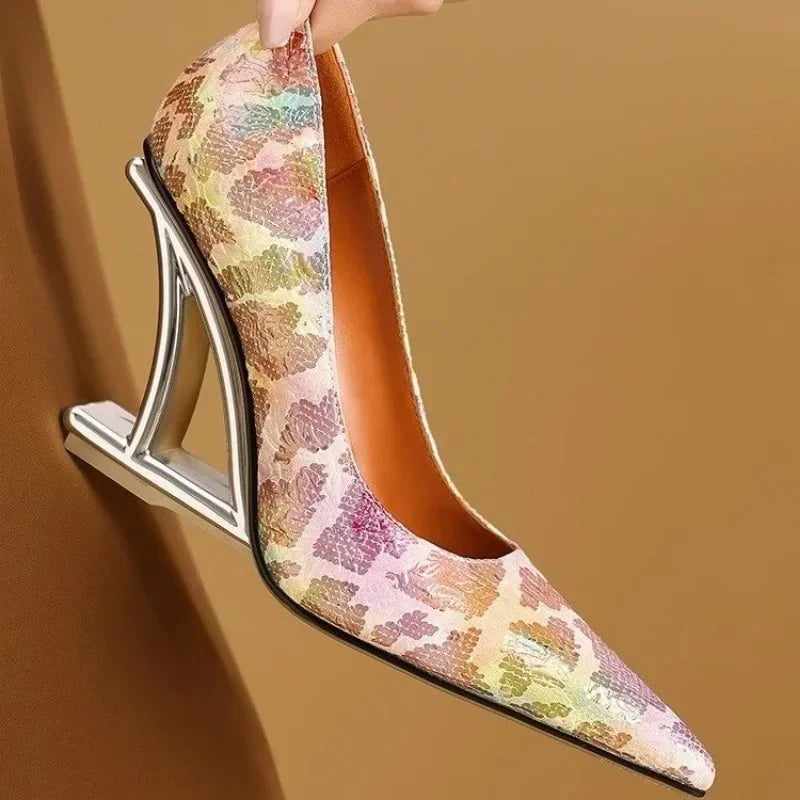 Pumps Women Shoes Flower Totem Slip-On Shallow Shoes Wedding Party Pointed Toe High Heels Pump Femme Special-shaped heel