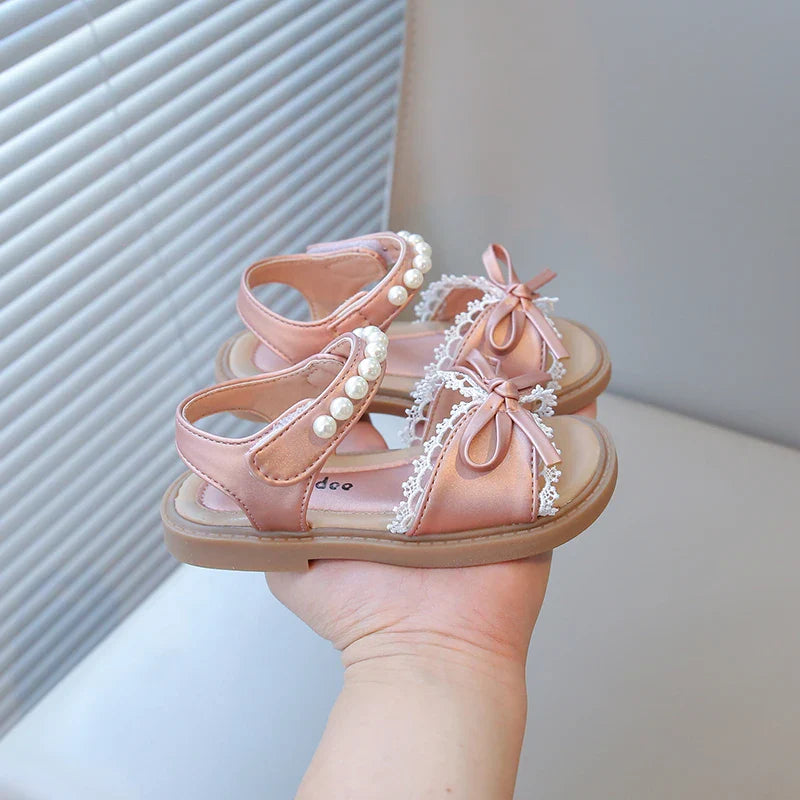 Summer Girl's Princess Shoes Lace Bowtie Open Toe Pearl Sweet Kid's Flat Shoe Solid Colors Anti-slip Chic Daily Children Shoe