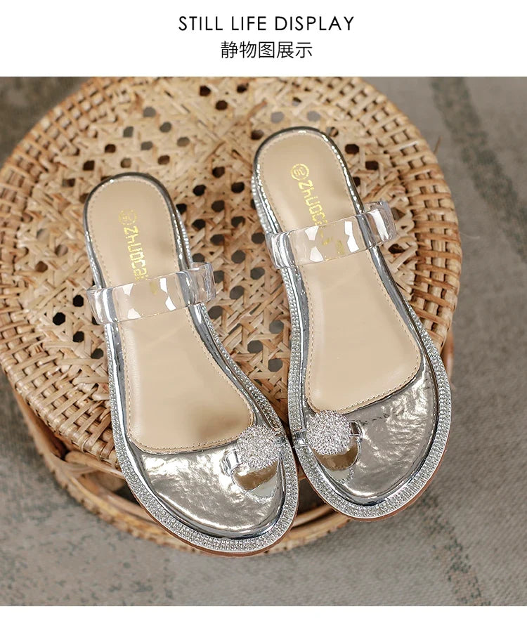 Rhinestone Fashion Sandals 2024 New Wedge Silver Sexy Women Summer Sandals Transparent Slippers