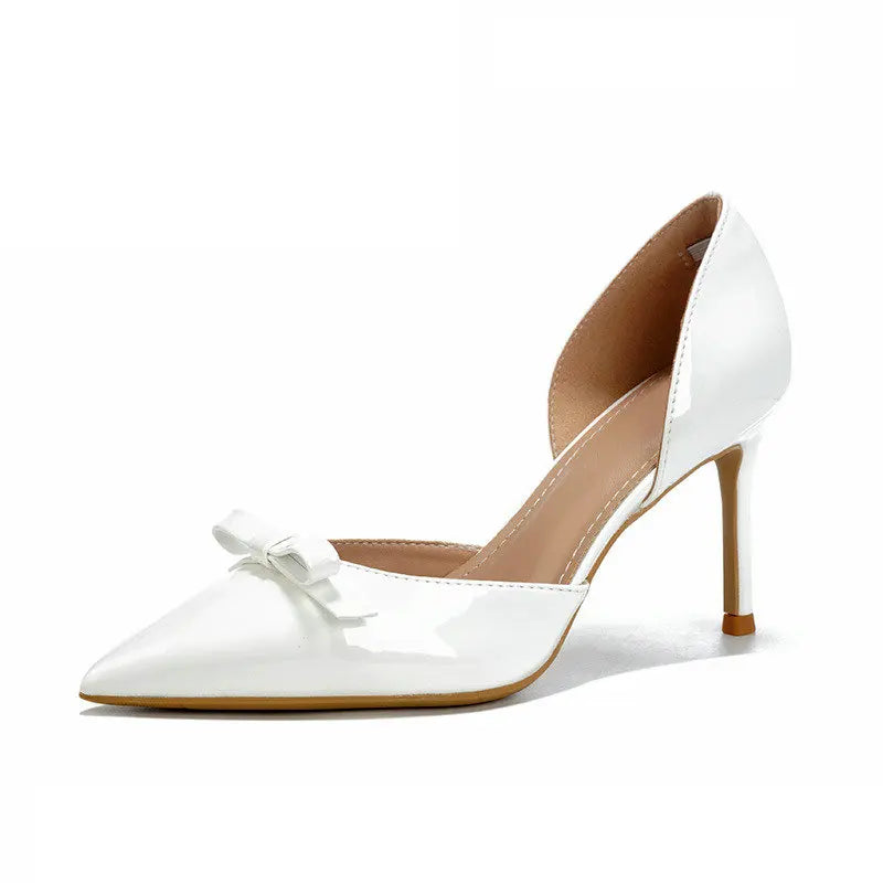 New Autumn Patent Leather Nude High Heels Thin Heel Pointed Bow Korean Version
