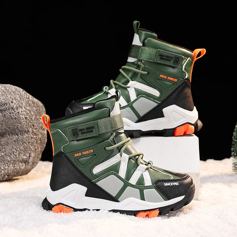 Childrens Snow Boots New Fashion PU Winter Warm Casual Sports Shoes Outdoor High Top Anti Slip Kids Hiking Boots for Boys