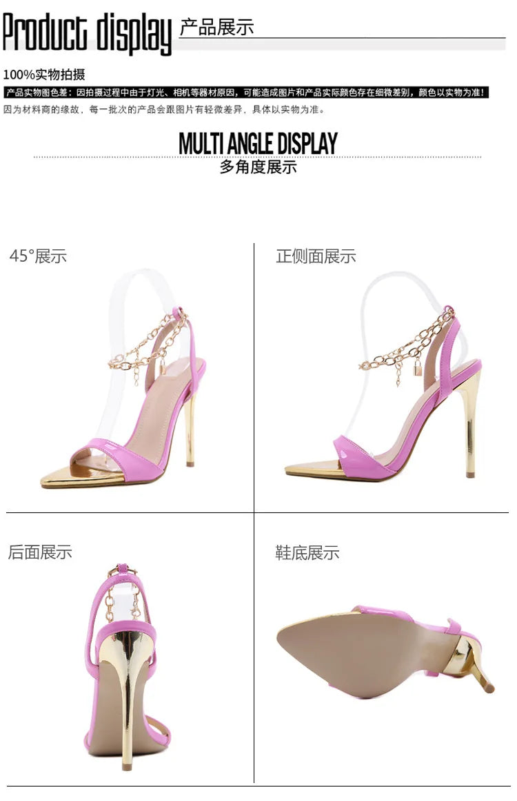 New Summer Sandals Women Fashion Gold Chain Ankle Strap Sexy Peep Toe Ladies Metal High Heels Sandals Woman Party Shoes Pumps
