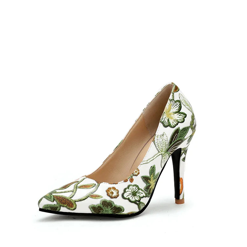 Ladies Retro Pumps Sexy High Heels Stiletto Black Green Blue Flowers Slip-Ons Plus Size 45-2 Wide Foot Shoes For Party Nigh Club