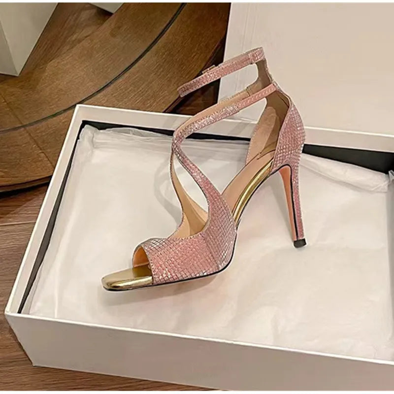 Fashion Patent Leather Peep toe Women Gladiator Sandals Sexy Narrow band Ankle Strap Gold Stiletto High heels Summer Party Shoes