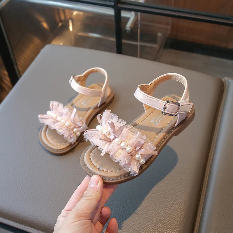 Girls Lace Sandals Kids Shoes Baby Artificial Pearl Open Toes Hoop Loop 2025 Summer Child Barefoot Beach Shoe for Toddler 22-31