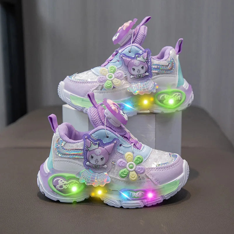 Sanrio Kuromi Autumn Girls Anime New Sneakers Children's Kawaii Cartoon Princess Shoes Breathable Rotary Button Luminous Shoes