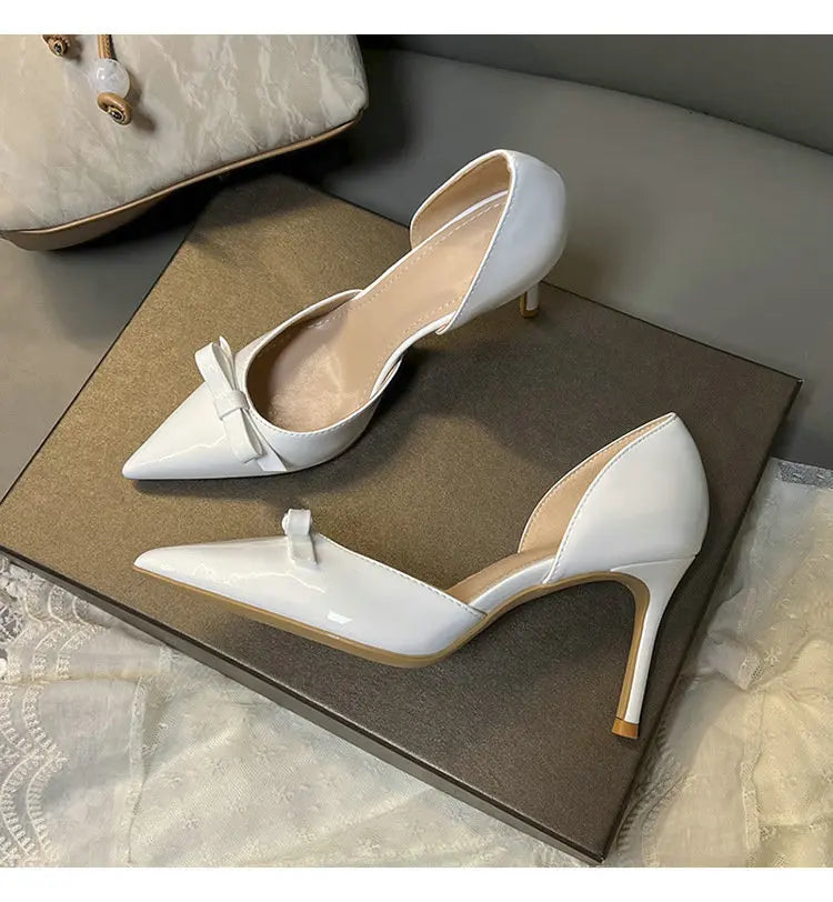 New Autumn Patent Leather Nude High Heels Thin Heel Pointed Bow Korean Version