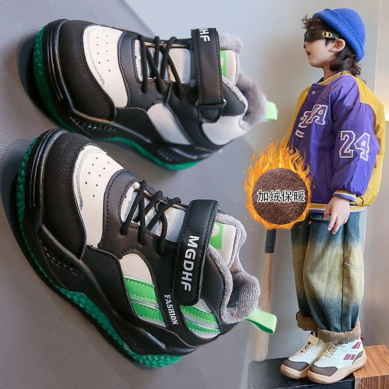 Boys' fleece sports shoes 2025 Winter new style warm children's anti-slip basketball shoes Girls' soft-soled two-cotton shoes